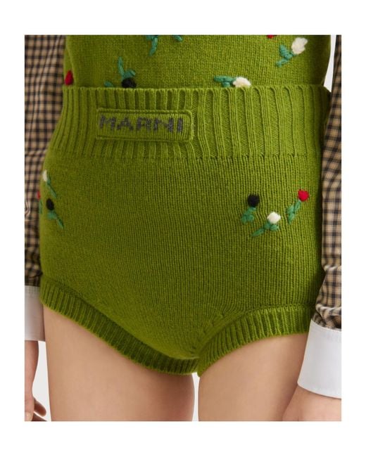 Marni Green Wool-Cashmere Briefs With Flower Embroidery