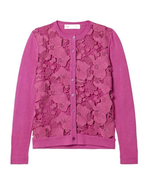 Oscar de la Renta Pink Lace-Trimmed Silk Blend Cardigan