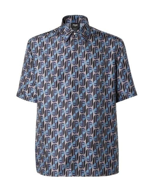 Fendi Blue Printed Silk Shirt for men