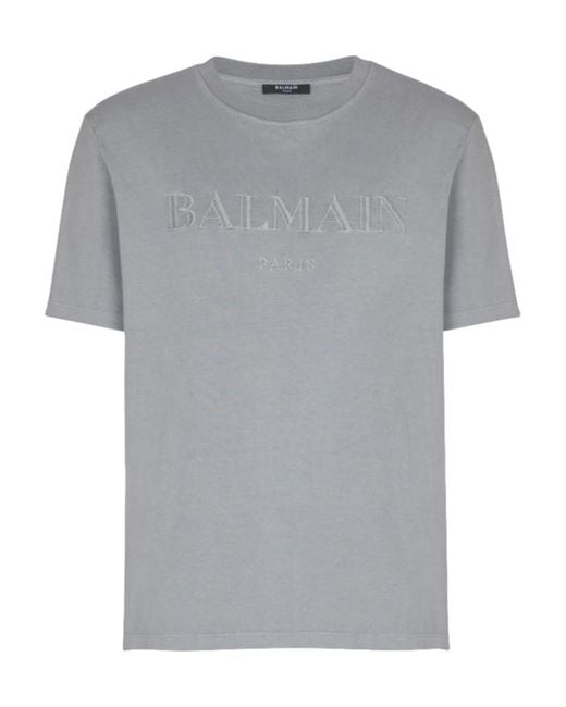 Balmain Gray Logo-Embroidered T-Shirt for men