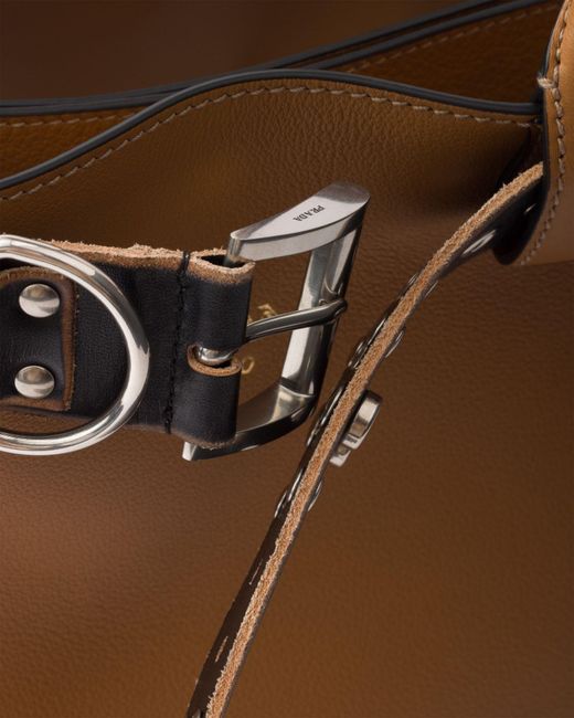 Prada Brown Buckle Large Leather Bag With Studded Belt