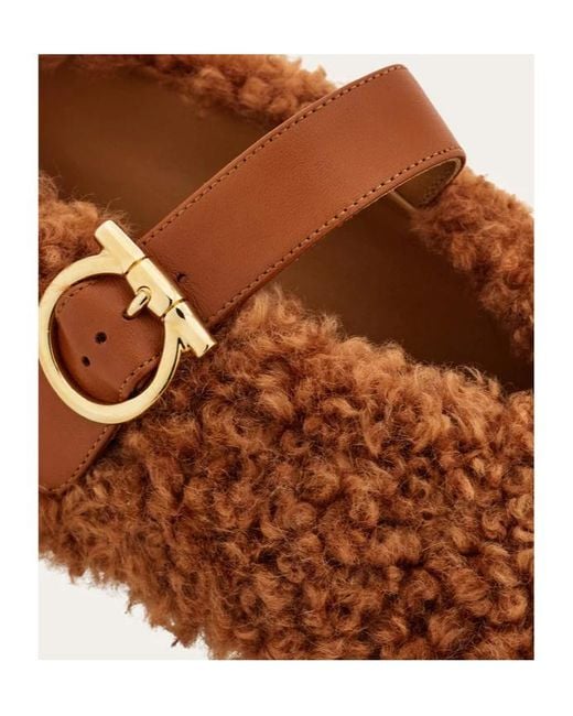Ferragamo Brown Ferragamo Shearling Buckled Slip-On Ballet Flats