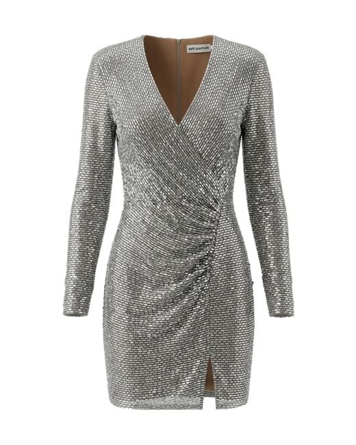 Self-Portrait Gray Studded Wrap Mini Dress