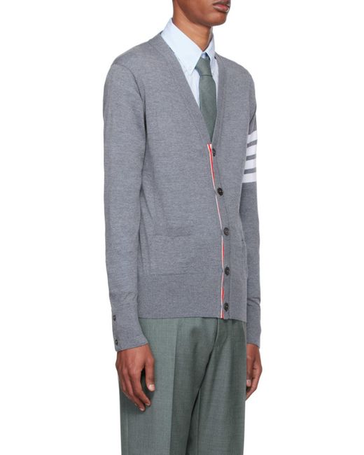 Thom Browne Gray Bar Striped V-Neck Cardigan for men