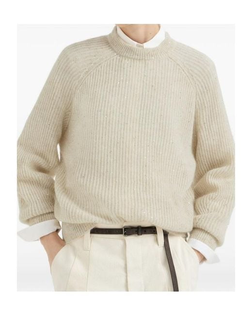Brunello Cucinelli White Mohair, Cotton And Wool Diamond Yarn English Rib Sweater