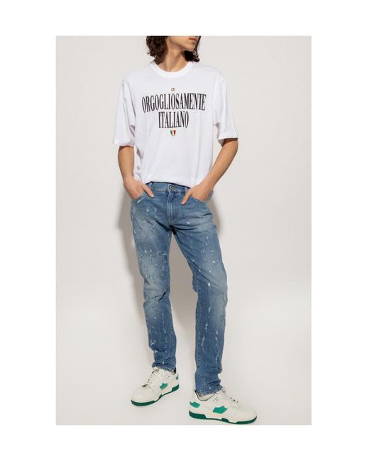 Dolce & Gabbana White Slogan-Print Cotton T-Shirt for men