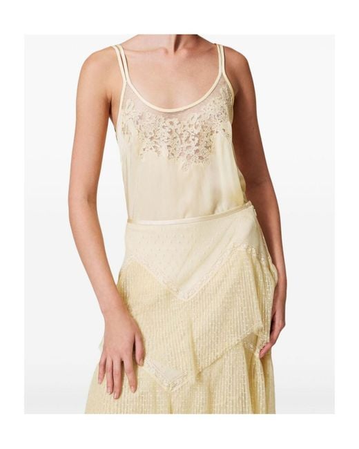 Twinset Natural Embroidered Sleeveless Satin Top