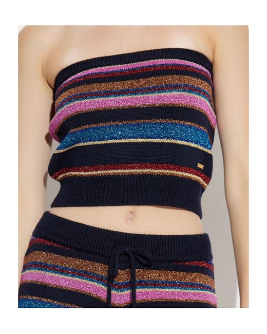 DSquared² Blue Off-The Shoulder Lurex Thread Striped Knit Top