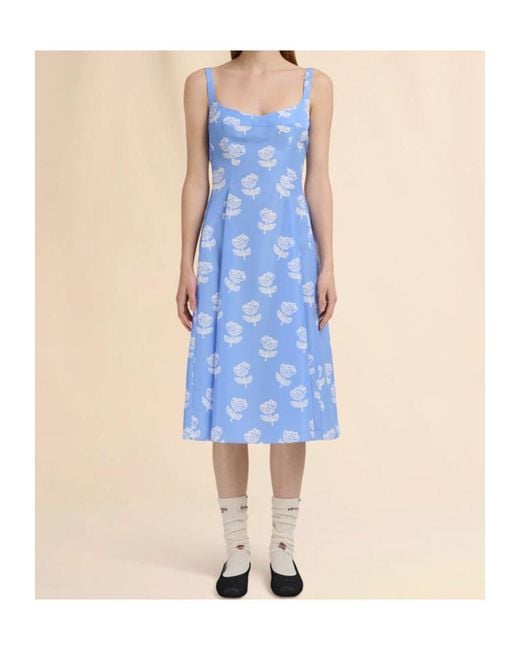 Marni Blue Light Poplin Flared Dress With Sprayed Roses Print