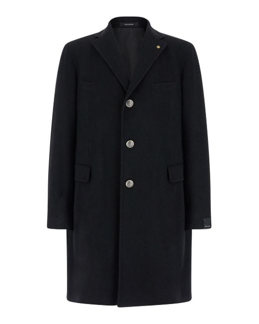 Tagliatore Black Single-Breasted Brooch-Detail Coat for men
