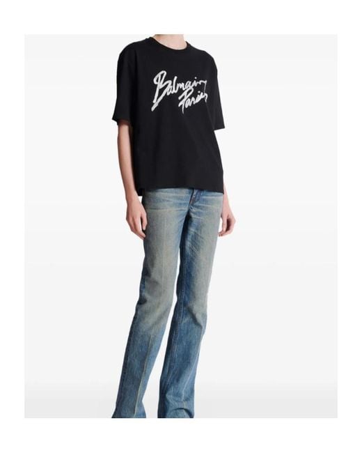 Balmain Black Logo Brush Print Boxy T-Shirt