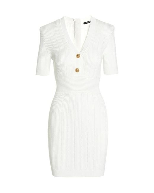 Balmain White Ribbed-Knit Buttoned Minidress