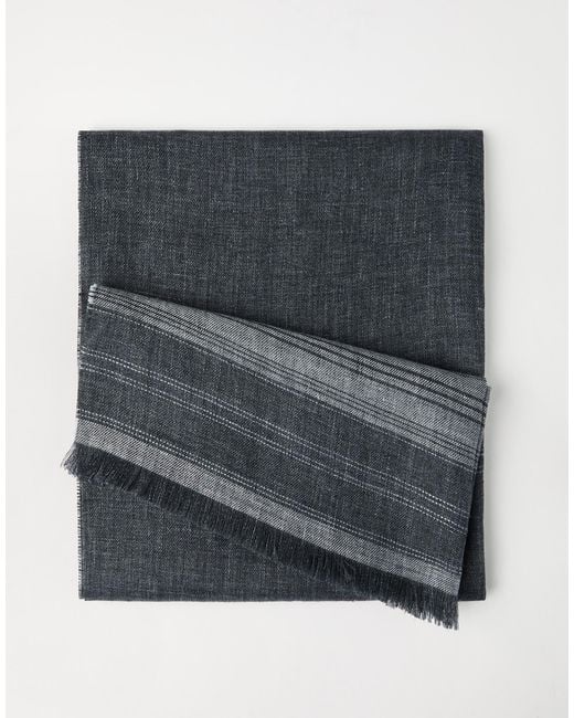 Brunello Cucinelli Gray Embroidered-Detail Striped Linen Scarf for men