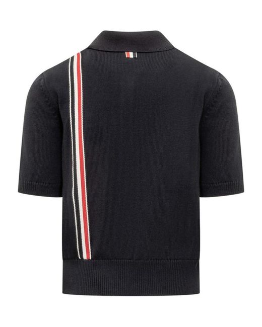 Thom Browne Black Rwb Stripe Straight Hem Knitted Polo Shirt for men