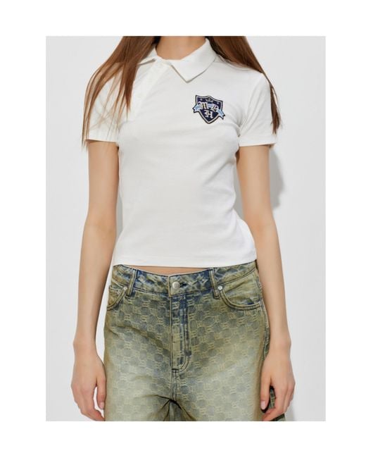 M I S B H V White Logo-Patch Asymmetric-Placket Polo Shirt