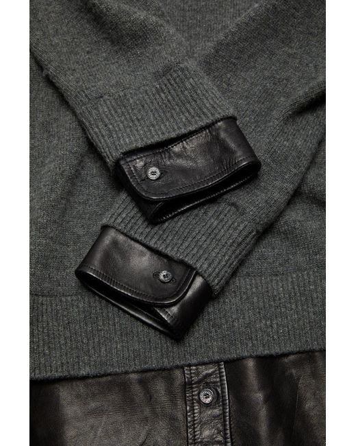 Acne Gray Leather-Trim V-Neck Sweater