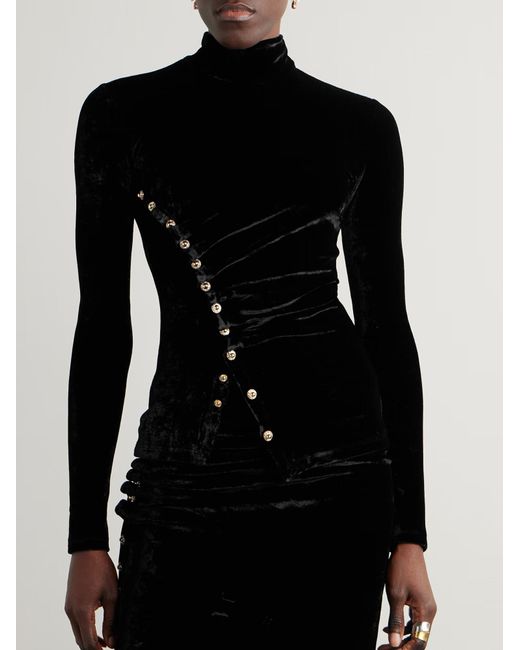Rabanne Black Rabanne Button Detail Draped Velvet Top