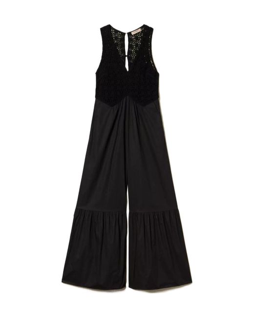 Twinset Black V-Neck Long Poplin Jumpsuit