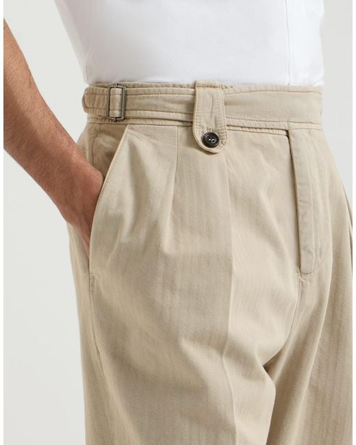 Brunello Cucinelli Natural Cotton Chevron Trousers With Double Pleats And Waist Tabs for men