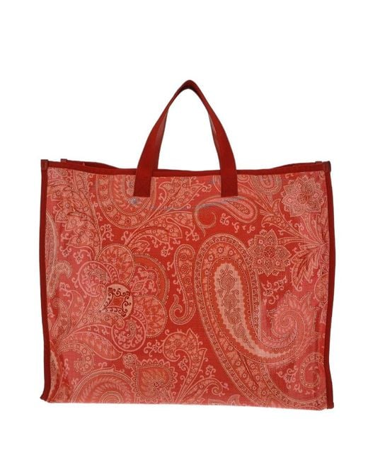 Etro Red Paisley Printed Logo Patch Tote Bag