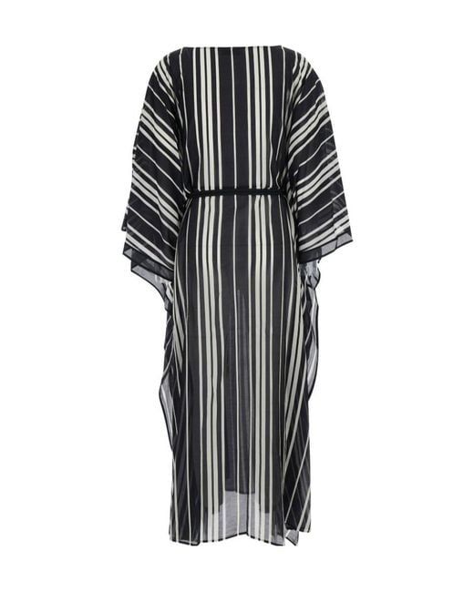 Tory Burch Black And Caftan With Waist Belt And Striped Motif In