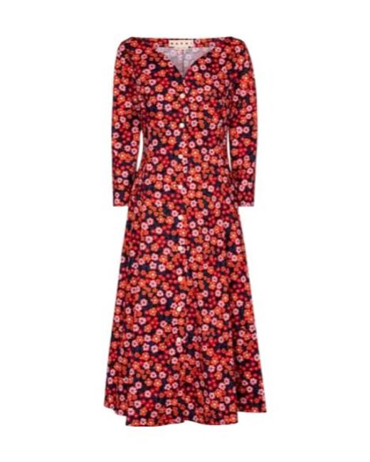 Marni Red Floral Cotton Midi Dress