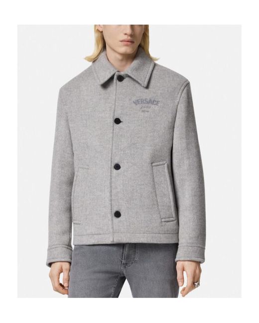 Versace Gray Logo-Embroidered Button-Up Blouson Jacket for men