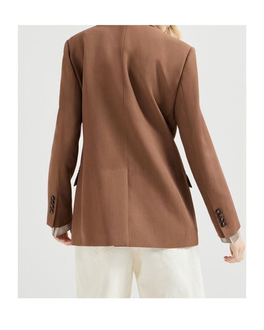 Brunello Cucinelli Brown Virgin-Wool And Viscose Tricotine Blazer With Monili