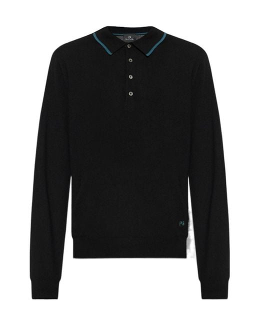 Paul Smith Black Ps Paul Smith Stripe Trim Logo Embroidered Polo Shirt for men