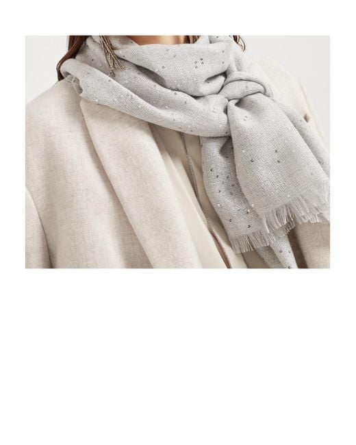 Brunello Cucinelli Gray Fringed Sequin Detailing Scarf