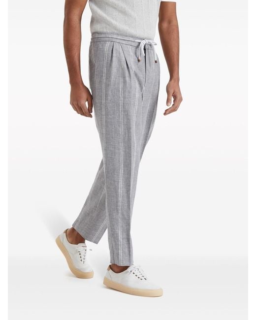 Brunello Cucinelli Gray Vertical-Striped Tapered Trousers for men