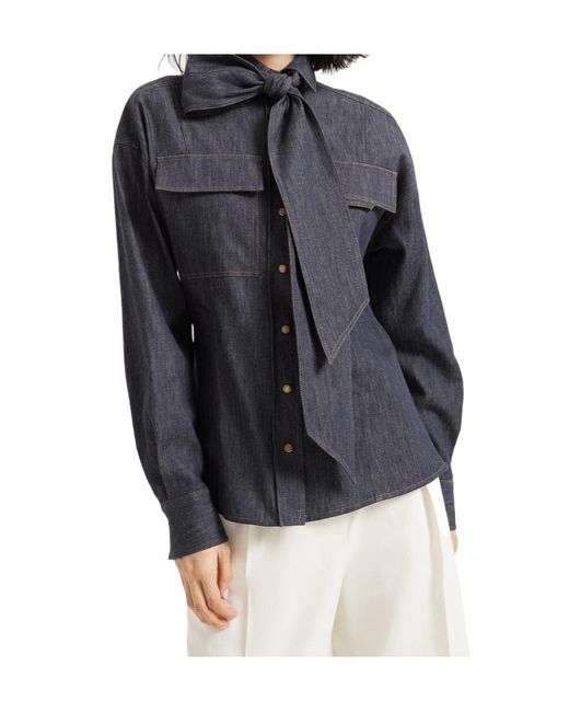 Brunello Cucinelli Blue Lightweight No-Fade Denim Pussybow Shirt