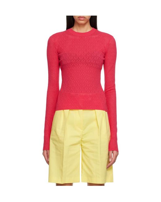 MSGM Red T-Shirt With Round Neck And Long Sleeves
