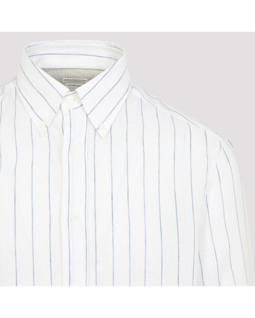 Brunello Cucinelli White Striped Curved Hem Shirt for men