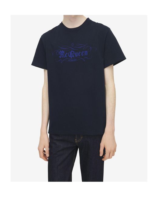 McQueen Blue Script Printed Crewneck T-Shirt for men