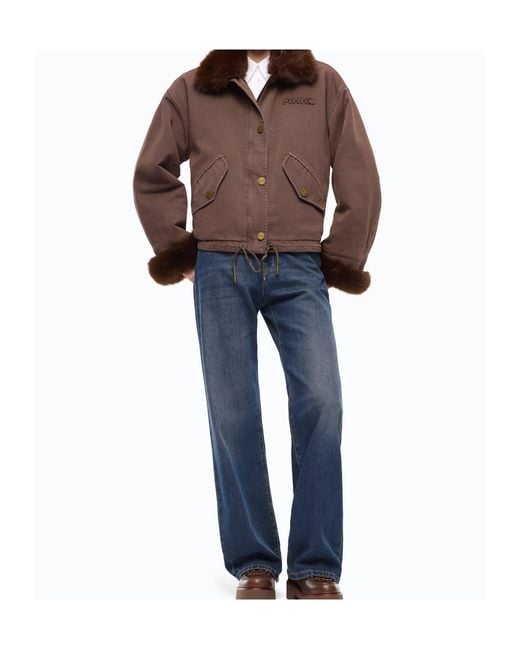 Pinko Brown Cotton Pea Coat With Faux Fur Details