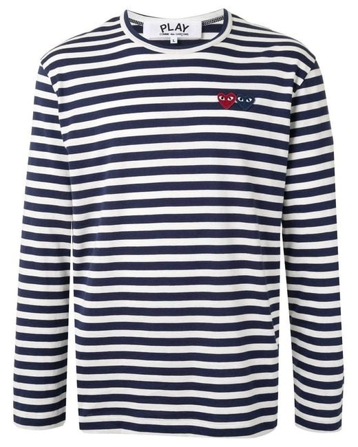 COMME DES GARÇONS PLAY Blue Heart Appliquéd Striped T-Shirt for men