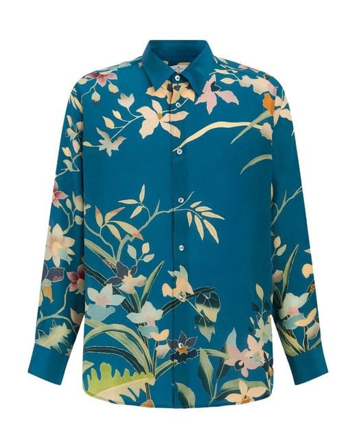Etro Blue Floral Print Collared Button-Up Shirt for men
