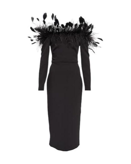 Safiyaa Black Feather-Trimmed Midi Dress