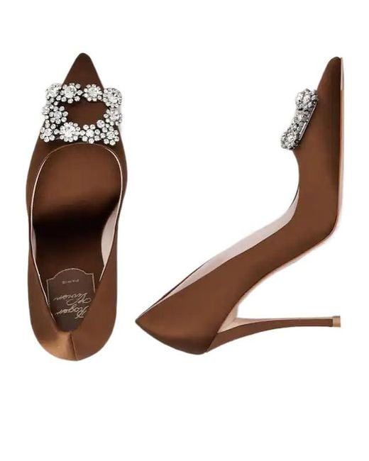 Roger Vivier Brown Flower Strass Buckle Pumps