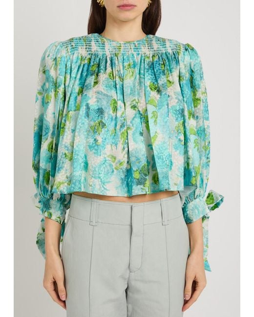 Chloé Blue Printed Cropped Silk Blouse