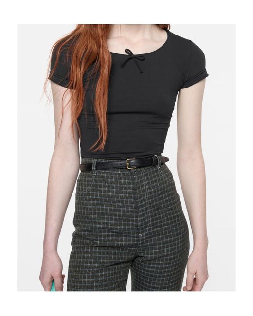 Acne Black Bow-Detail Cap-Sleeve T-Shirt