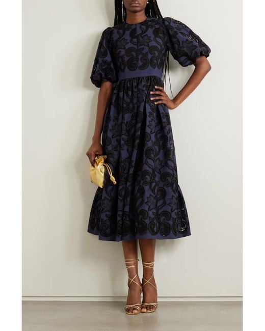 Erdem Blue Open-Back Pleated Broderie Anglaise Voile Midi Dress