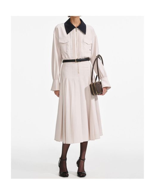 Self-Portrait White Twill Contrast Collar Midi Dress