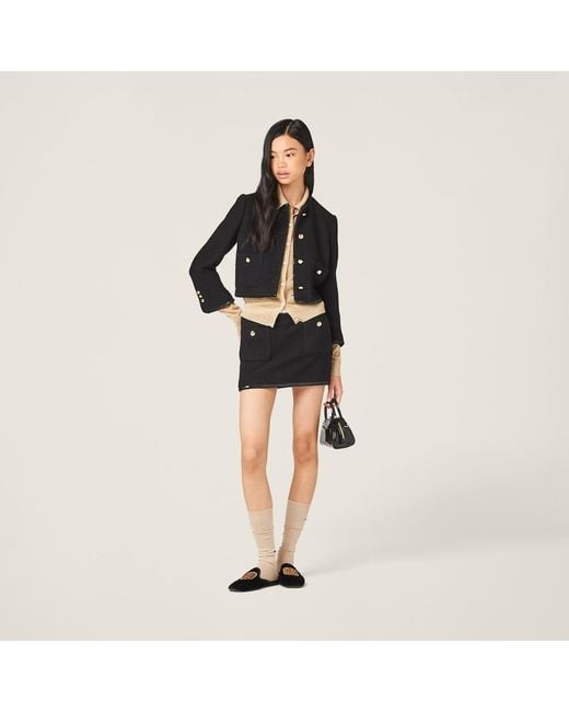 Miu Miu Black Logo-Patch Sequin-Trim Mini Skirt