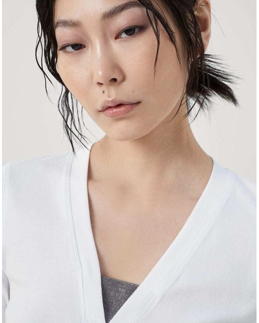 Brunello Cucinelli White Monili Chain-Embellished V-Neck T-Shirt