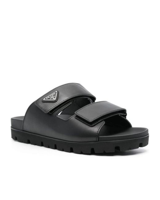 Prada Black Enamel-Triangle Slip-On Sandals for men