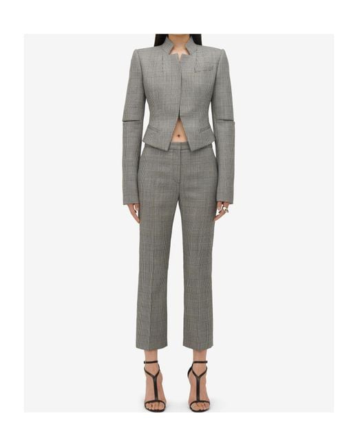 McQueen Gray Straight-Leg Checked Cropped Pants
