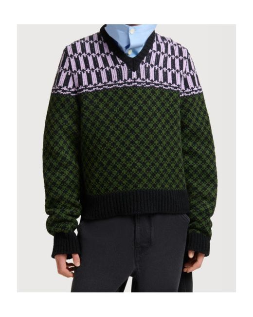 Marni Green Wool Jumper With Geometric Motif for men