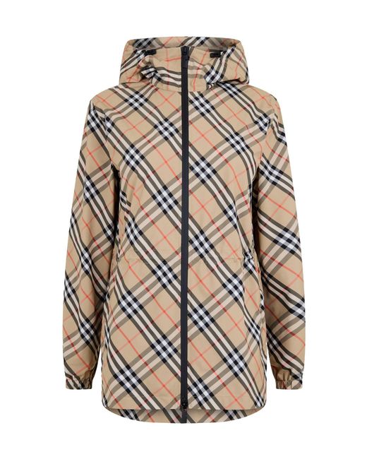 Burberry White Diagonal Check Hooded Mid-Length Coat